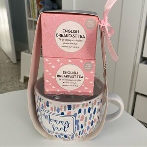Mommy Fuel tea cup with two boxes of english breakfast tea
